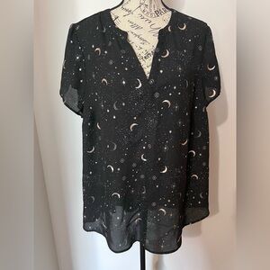 Torrid Celestial Moon & Star Print Chiffon V-Neck Blouse Black Gold Size 1